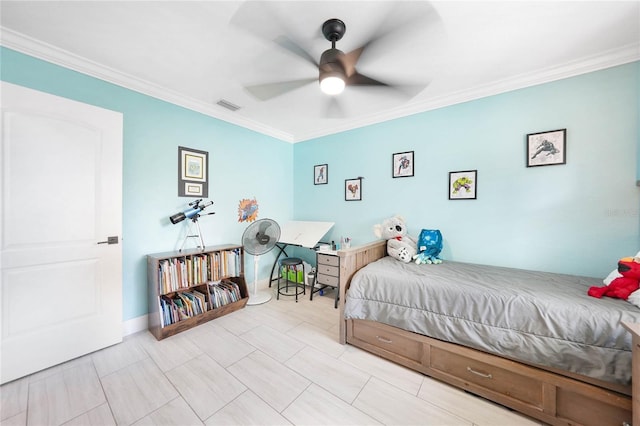 bedroom with ornamental molding and ceiling fan