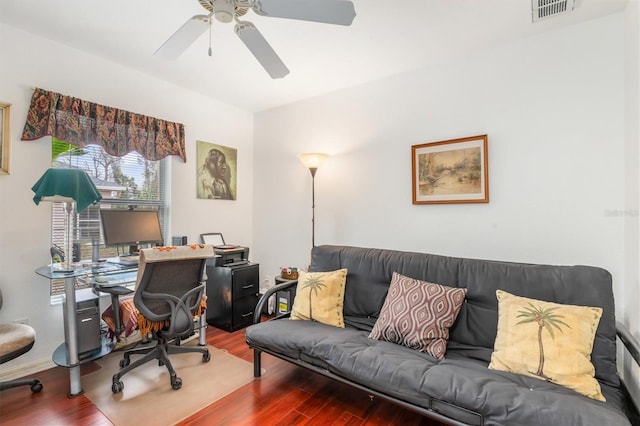 office area featuring ceiling fan and wood-type flooring