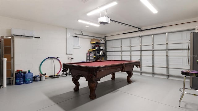 rec room featuring pool table, concrete flooring, and a wall mounted air conditioner