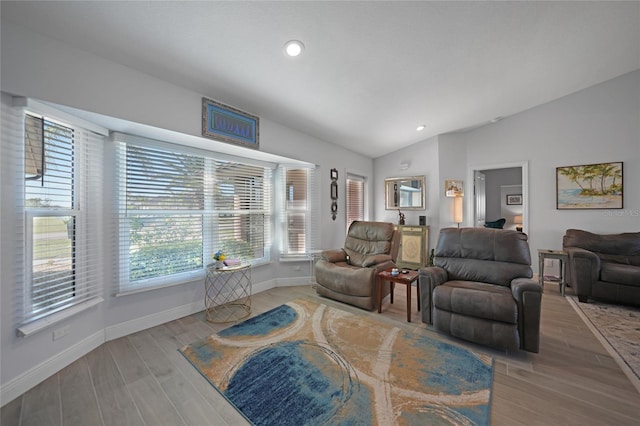 living room with lofted ceiling and light wood-type flooring