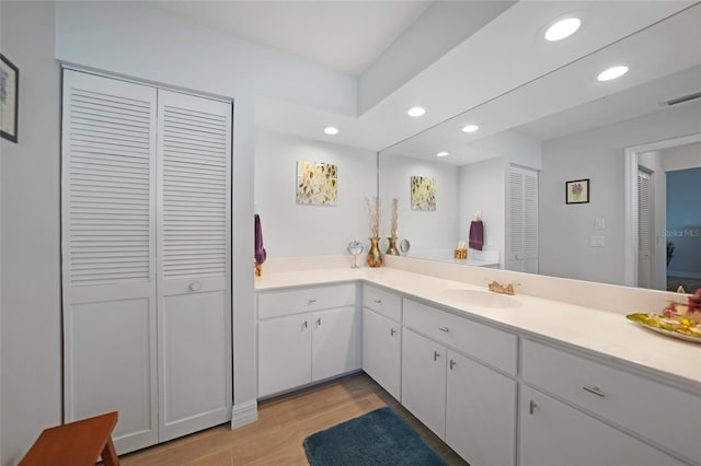 bathroom with vanity and wood-type flooring