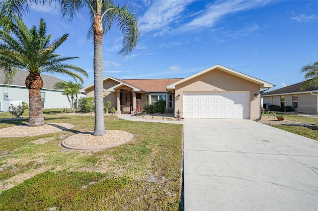 single story home featuring a garage and a front lawn