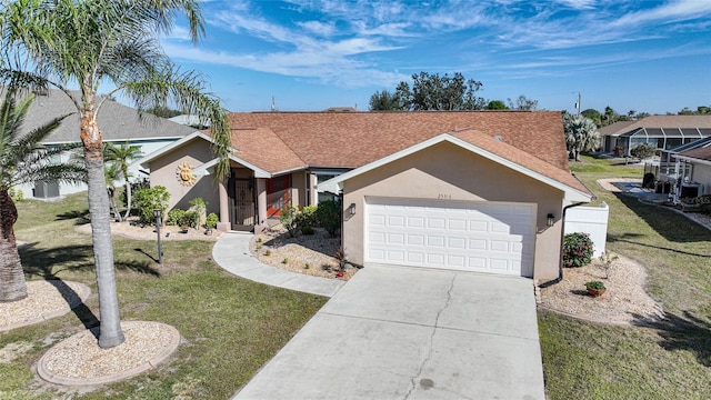 ranch-style home with a garage and a front lawn