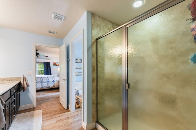 bathroom with hardwood / wood-style flooring, vanity, and walk in shower