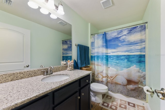 bathroom with hardwood / wood-style flooring, vanity, and toilet