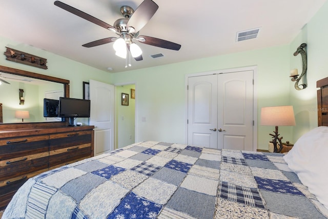 bedroom with ceiling fan and a closet