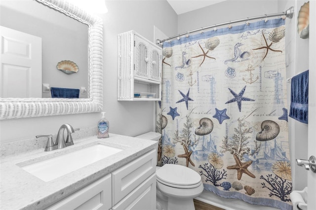 bathroom with a shower with curtain, vanity, and toilet