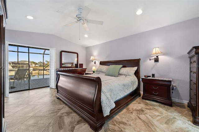 bedroom featuring ceiling fan, access to exterior, and vaulted ceiling