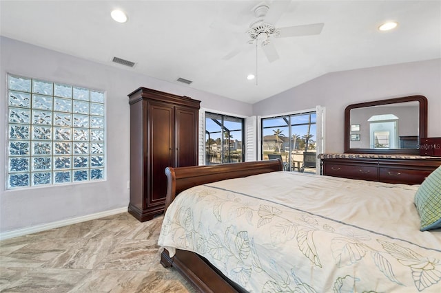 bedroom with ceiling fan, lofted ceiling, and access to exterior