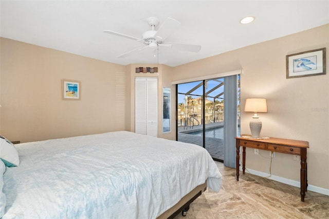 bedroom featuring access to outside and ceiling fan