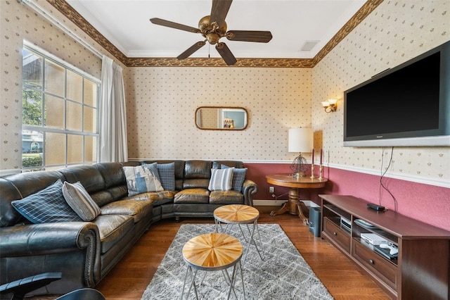 living room with dark wood-type flooring, ornamental molding, and ceiling fan