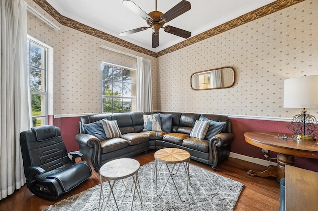 living room featuring hardwood / wood-style flooring, ceiling fan, and ornamental molding