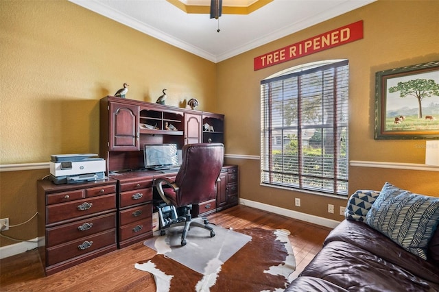 office featuring wood-type flooring and ornamental molding