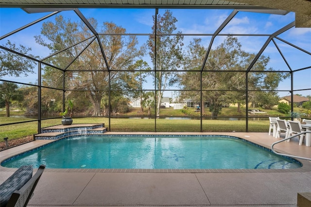 view of pool featuring a yard, a lanai, and a patio