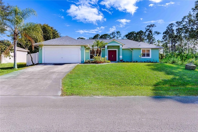 ranch-style house featuring a garage and a front lawn