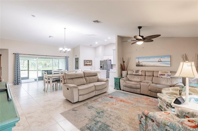 living room featuring light tile patterned flooring, ceiling fan with notable chandelier, and vaulted ceiling