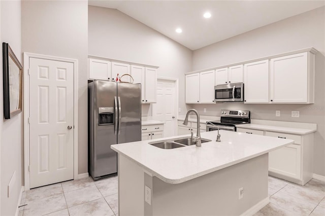 kitchen with white cabinetry, sink, an island with sink, and appliances with stainless steel finishes