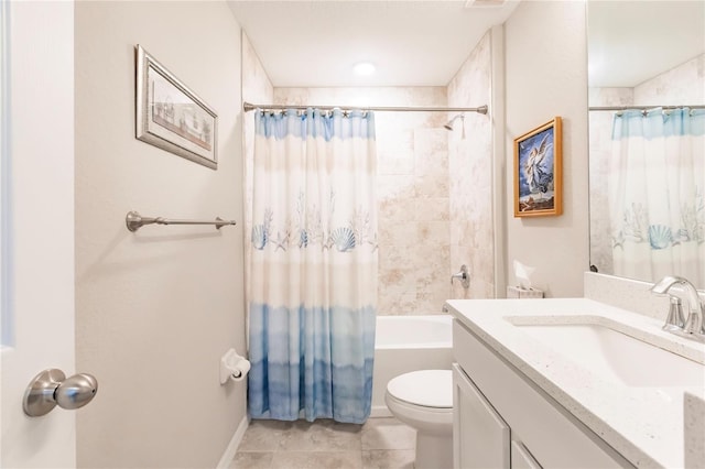 full bathroom featuring vanity, shower / tub combo, tile patterned flooring, and toilet