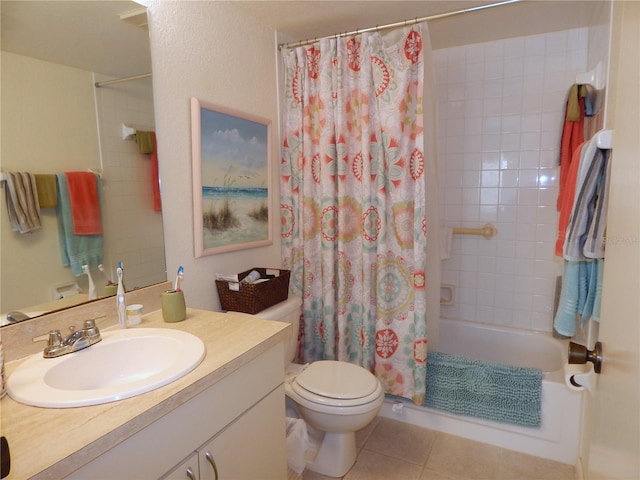 full bathroom with shower / bath combination with curtain, vanity, toilet, and tile patterned flooring