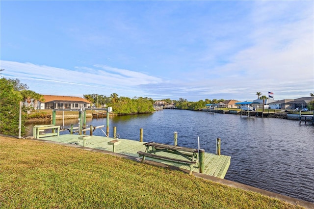 view of dock featuring a water view and a lawn