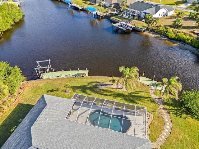 bird's eye view with a water view