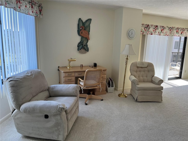 sitting room featuring carpet floors and baseboards