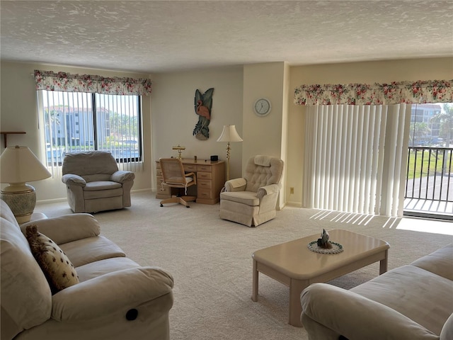 living area with a textured ceiling, carpet, and baseboards