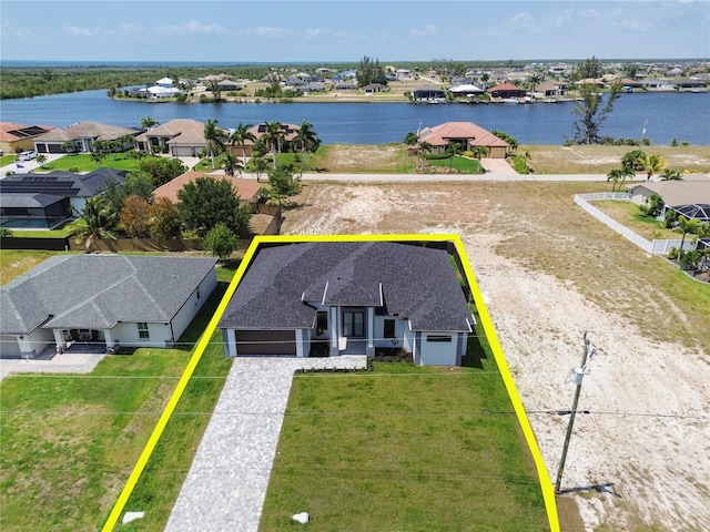 drone / aerial view featuring a residential view and a water view