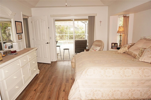 bedroom with multiple windows, access to exterior, and dark wood-type flooring