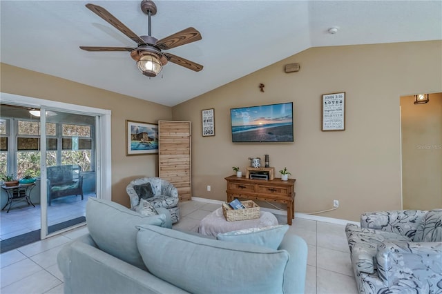 tiled living room with vaulted ceiling and ceiling fan