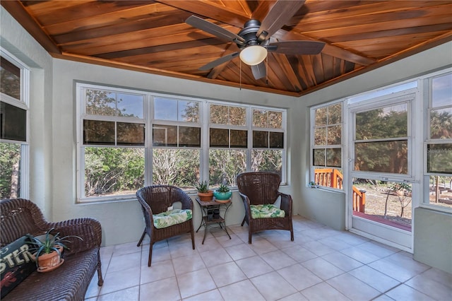 sunroom featuring a wealth of natural light, wood ceiling, and ceiling fan