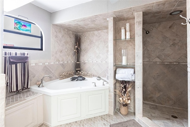 bathroom featuring separate shower and tub and tile walls