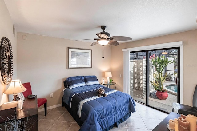 bedroom with light tile patterned floors, access to outside, and ceiling fan