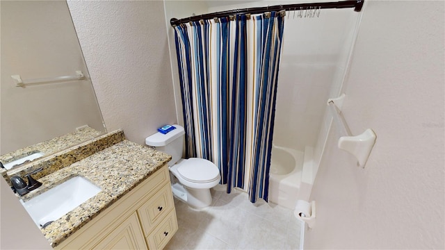 full bathroom with shower / tub combo with curtain, vanity, and toilet