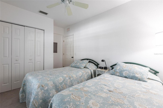 carpeted bedroom featuring ceiling fan