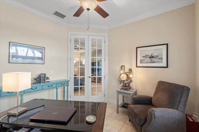 tiled home office featuring french doors, ceiling fan, and ornamental molding