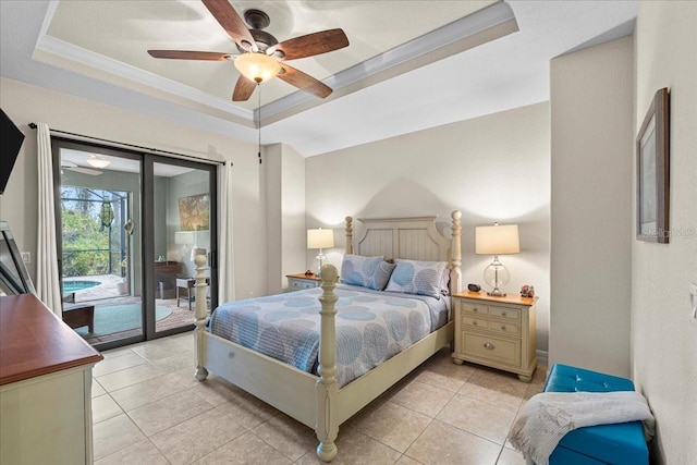 tiled bedroom featuring crown molding, access to outside, ceiling fan, and a tray ceiling