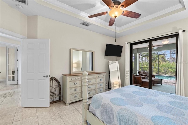 bedroom featuring a raised ceiling, ornamental molding, access to outside, and ceiling fan