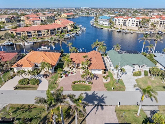 drone / aerial view featuring a water view