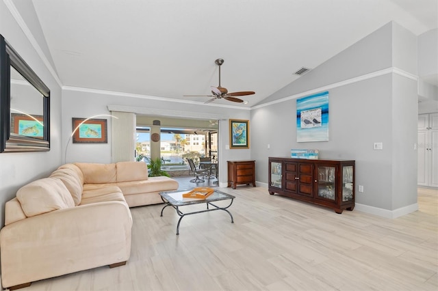 living room with vaulted ceiling, crown molding, ceiling fan, and light hardwood / wood-style floors