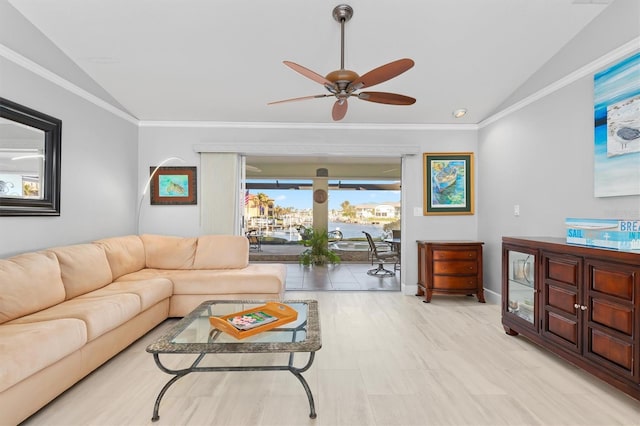 living room with lofted ceiling, crown molding, and ceiling fan