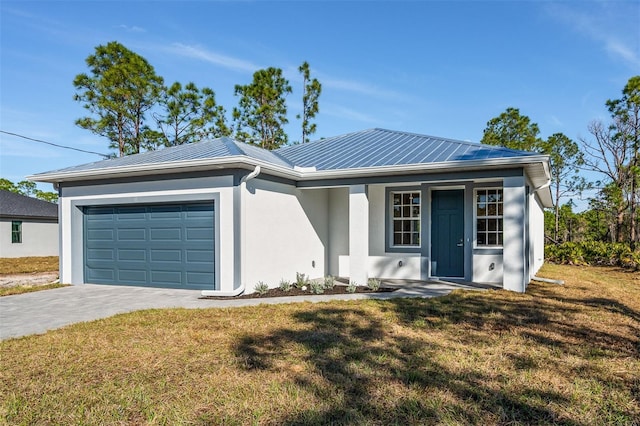 single story home with a garage and a front yard