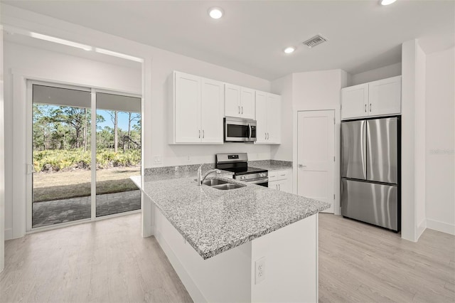 kitchen with sink, appliances with stainless steel finishes, white cabinetry, light stone countertops, and kitchen peninsula