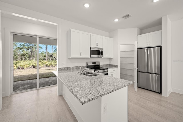 kitchen featuring sink, light stone counters, appliances with stainless steel finishes, kitchen peninsula, and white cabinets