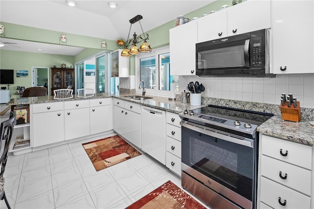 kitchen with white cabinets, white dishwasher, sink, and electric range