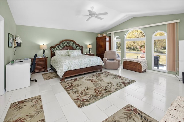 bedroom with lofted ceiling and ceiling fan