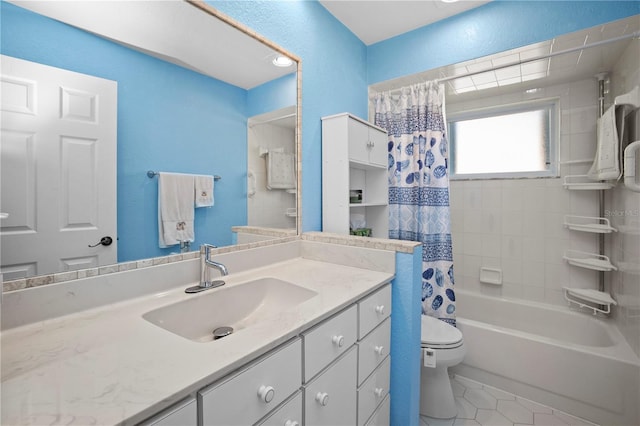 full bathroom with vanity, tile patterned floors, shower / bath combination with curtain, and toilet