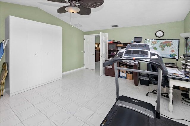 office area featuring lofted ceiling and ceiling fan