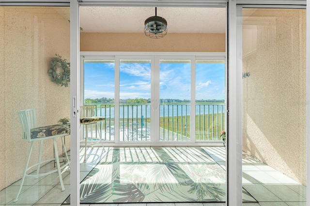 interior space with a water view