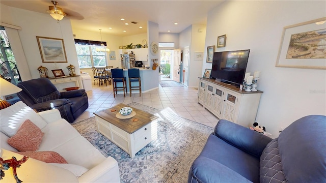 tiled living room featuring a wealth of natural light